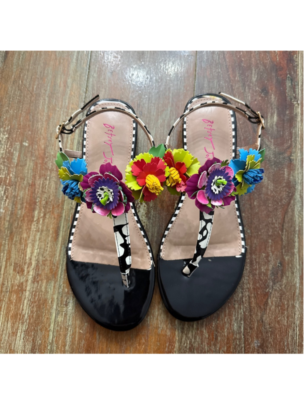 Betsey Johnson Black T-Strap Sandals with Bright Multicolor Flower Appliqués